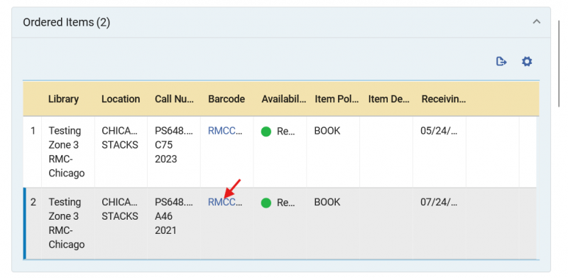 A portion of an Alma purchase order line screen showing the ordered items for a standing order. The user may select the barcode to open the item record.