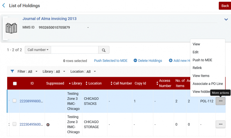 The Alma list of holdings screen showing two holding records for a fictional Journal of Alma Invoicing. The first holding record shows a relationship to a PO Line. The more actions menu is expanded using the ... button.