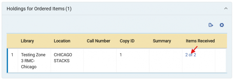 A portion of an Alma subscription purchase order line showing the inventory for the ordered title. The link, 2 of 2, under Items Received, may be clicked to get to a list of items.