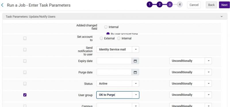 An image of Alma's update notify users job screen for setting task parameters.